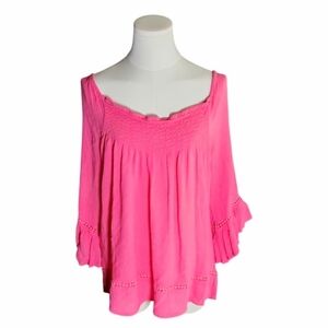 HANNAH Coral Pink Crepe Flowy Bell Sleeve Cutout Blouse Size Medium
